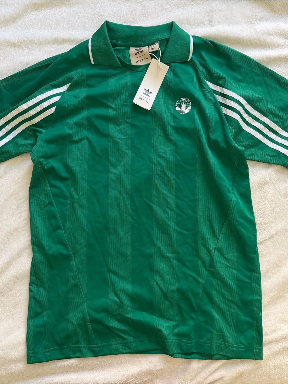 adidas x oyster Green Short-Sleeve Polo with White Stripes